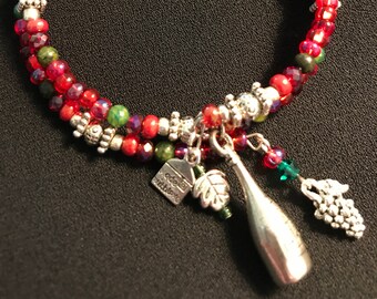 Red, Green and Silver Tone Glass Bead Wine Theme Bracelet with Wine Bottle Charm