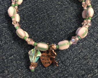 Ceramic Pink and Green Bracelet with Pink Crystal Accents