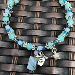 Seafoam Green Marble and Teal Crystal Bead Bracelet with Silver Tone Accents, Star and Stone Charms