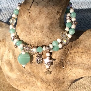 Seafoam Green Marble and White Glass Bead Bracelet with Iridescent Crystal and Silver Tone Accents, Star and Handmade Charms