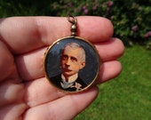 Antique Victorian Gentleman Rose Gold Filled Picture Locket Pendant, Amazing Large Size, Hand Painted Photograph, 1890s