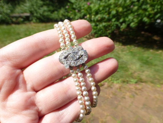 Antique Edwardian Three Strand Pearl Bracelet With Rhinestone Clasp Silver Plated Gift Idea Fashion Staple Unique!