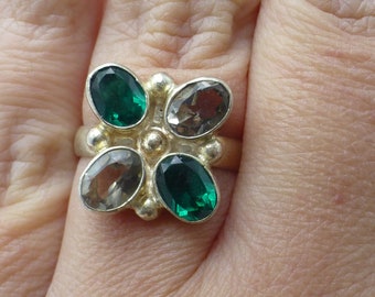 Vintage Floral Solid Sterling Silver Ring, Bold Like New Lab Emerald White Spinel Ring, Size 8, Flower Ring, Wow!