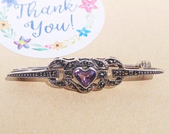 Antique Victorian Solid Sterling Silver Fancy Heart Amethyst Marcasite Design Brooch, Antique Brooch, Unusual, Wow! Gift Idea