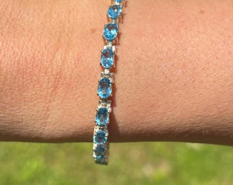 22 Carat Genuine Blue Topaz Solid Solid Sterling Silver Bracelet, Wonderful Unique Line Bracelet, Wow! 7.25''