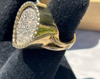 Vintage Druzy Modernist Solid Sterling Silver Gold Wash Band Ring, Size 7, Amazing Design, Artisan Look, Rare, Must See