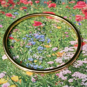 May include: A gold-colored bangle bracelet. The bracelet is a simple, circular design. The background features a colorful floral pattern with red poppies, blue forget-me-nots, and other wildflowers.