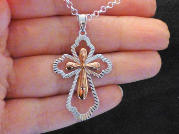 Vintage Rose Gold Over Sterling Silver Cross Neck… - image 1