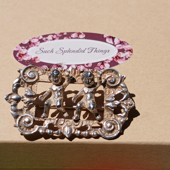 Antique Victorian Two Cherubs Solid Silver Brooch… - image 5
