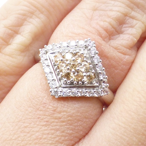 Vintage Bold Solid 14k White Gold Clear and Champagne Lab Diamond Ring, Bold Like New Ring, Size 7, Look of Natural Diamonds, Wow!