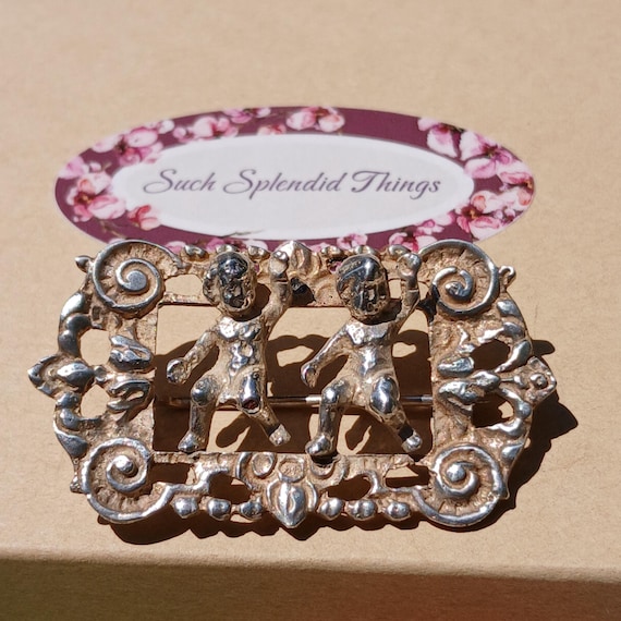 Antique Victorian Two Cherubs Solid Silver Brooch… - image 1