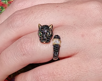 Genuine Black Spinel Panther 14k Gold Over Sterling Silver Ring, Size 8, Gorgeous Cat Feline Design Everyday Ring!