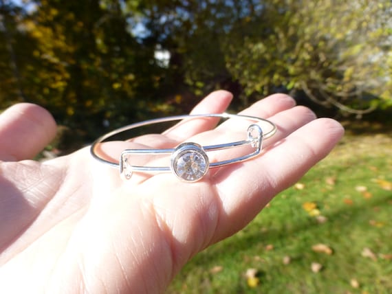 Vintage Silver Plated White Stone Bangle Bracelet… - image 2