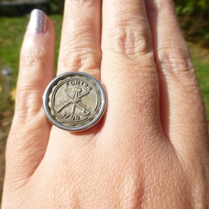 1744 Fort Vintage Bold Silver Plated Ring, Lovely Pattern, Unusual Military Ring, Unique! Look! Size 10, Adjustable