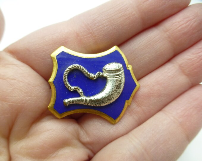 Antique Edwardian Shofar Gold Filled Blue Enamel Brooch, Unusual Design