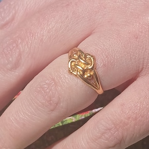 May include: A gold ring with a knot design. The ring is worn on a finger.