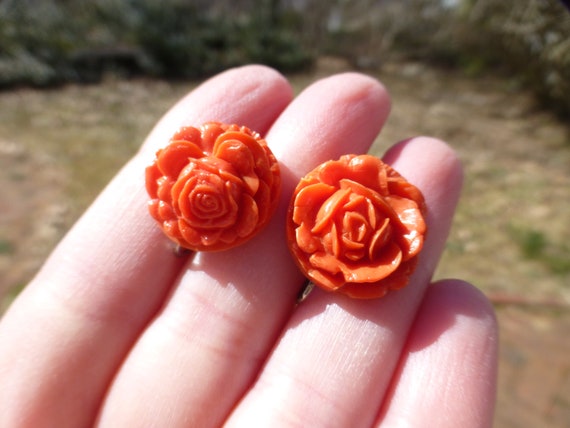 Antique Art Deco Hand Carved Celluloid Earrings, … - image 2