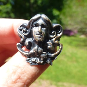 Antique Victorian Lady&#39;s Head Silver Plated Brooch, Art Nouveau Design, Amazing Look, Antique Brooch, Circa 1890s, Wow!