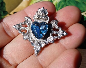 Antique Blue Heart Edwardian Silver Plated Brooch, Amazing Old Brooch, Circa 1910s, Gorgeous Piece, Wow!