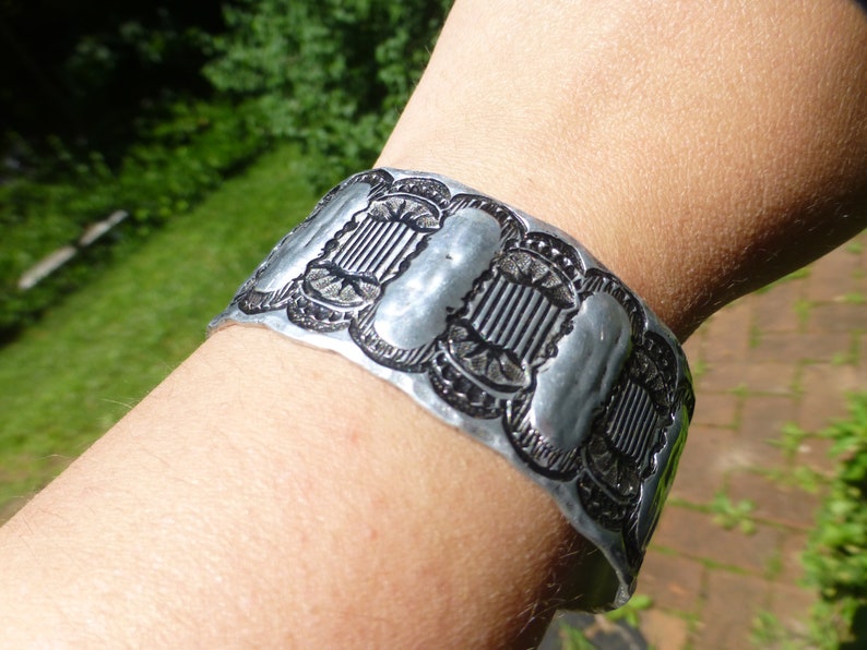 Very Retro and Cool! So Striking and Bold Art Deco Aluminum Cuff Style Bangle Bracelet Circa 1940s