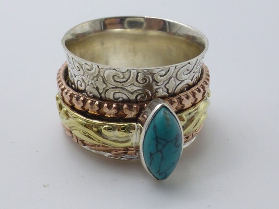 Vintage Turquoise Spinner Solid Sterling Silver R… - image 3