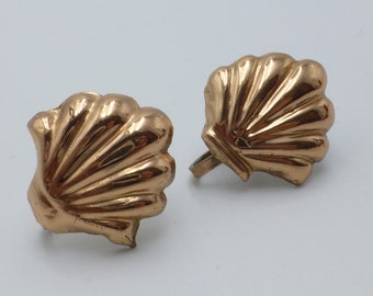 1940s Art Deco Rose Gold Over Sterling SIlver Shell Earrings, Wonderful Jewelry Item, Mexican Silver, Screwback Style