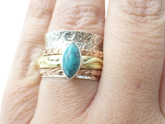 Vintage Turquoise Spinner Solid Sterling Silver R… - image 1