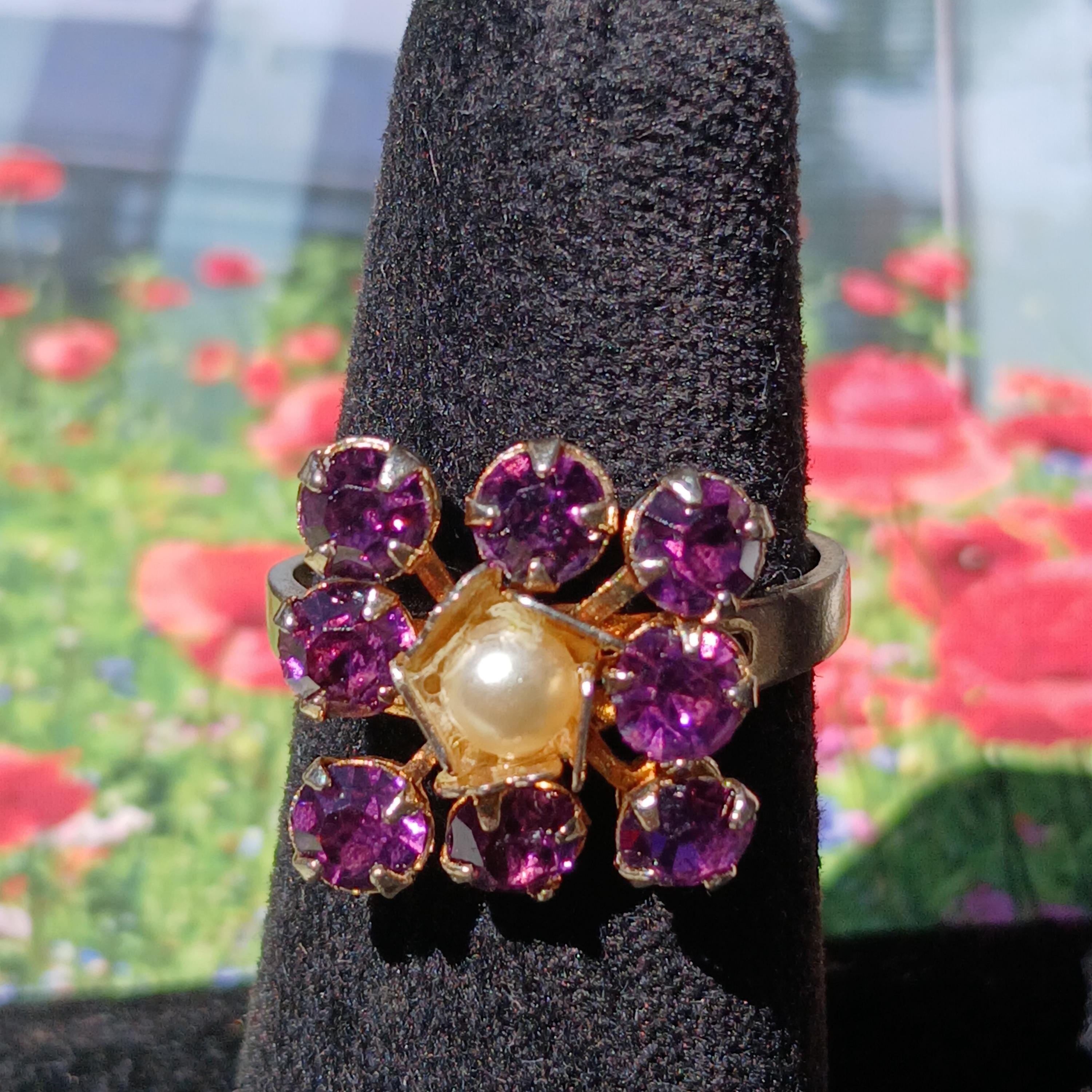 Antique Art Deco Sweet Purple Stone Faux Pearl Ring, Super Piece