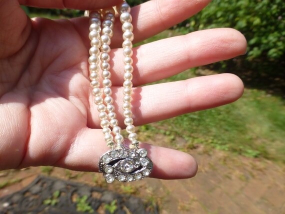 Antique Edwardian Three Strand Pearl Bracelet With Rhinestone Clasp Silver Plated Gift Idea Fashion Staple Unique!