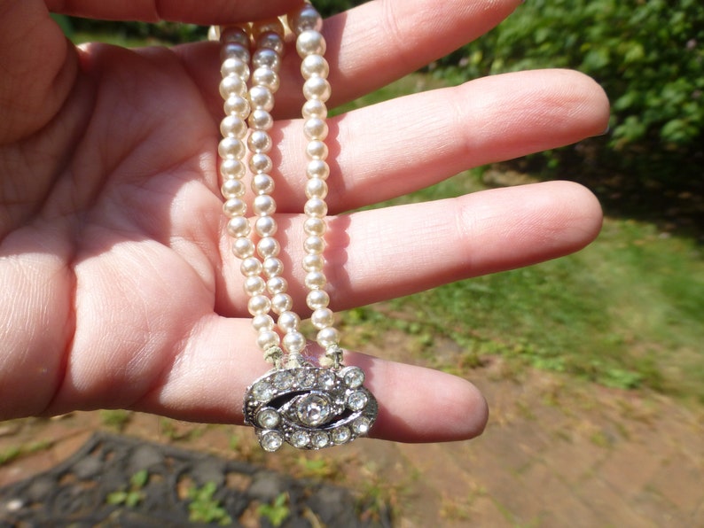 Antique Edwardian Three Strand Pearl Bracelet With Rhinestone Clasp Silver Plated Gift Idea Fashion Staple Unique!