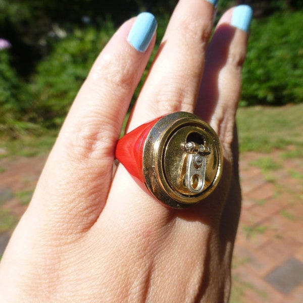 Huge 925 Sterling Silver Beer or Soda Can Vintage Bold Red Enamel Cocktail Ring, Wow, Size 9.5, Very Rare, Must See!!