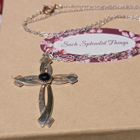 Antique Solid Sterling Silver Cross Necklace, 18'… - image 1