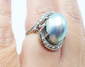 Rare 14k Antique Edwardian Solid 14k White Gold Genuine Mabe Pearl Ring, Size 6.5, Circa 1900s, Wonderful, Bold Ring!