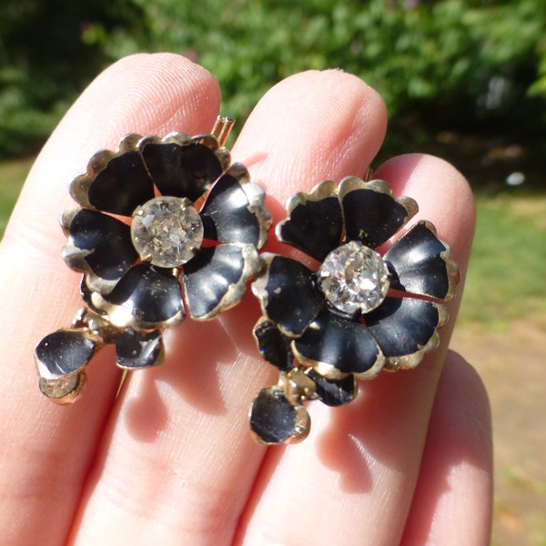 Antique 1890s Mourning Victorian Black Enamel Gold Filled Earrings, So Gorgeous, Very Large and Bold, Circa 1890s, Wow!