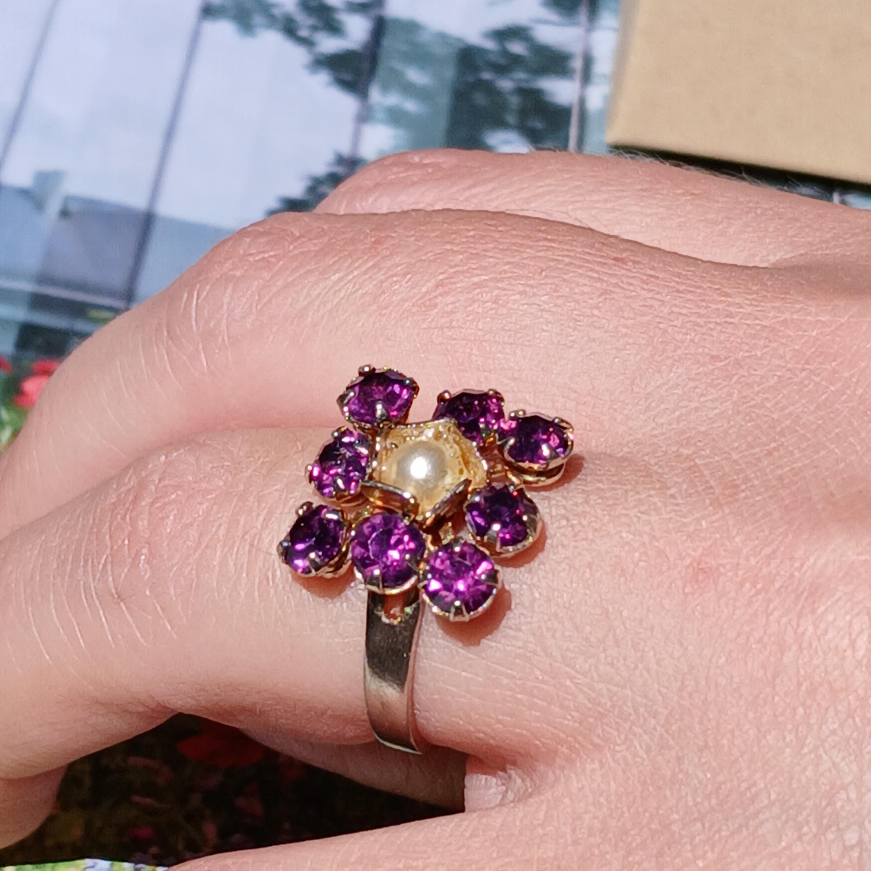 Pt800 色石リング D0.06 R0.45 アンティーク レトロ パープル Antique Art Deco Sweet Purple Stone Faux Pearl Ring, Super Piece