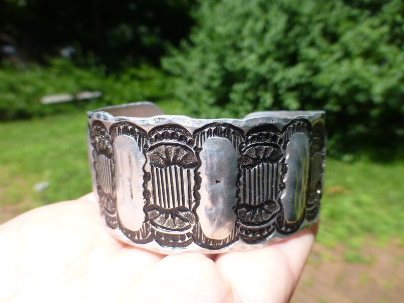 Very Retro and Cool! So Striking and Bold Art Deco Aluminum Cuff Style Bangle Bracelet Circa 1940s