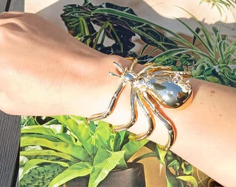 Bold Spider Vintage Gold Plated Cuff Style Bangle Bracelet, Circa 1990s, Amazing Design, Artistic, Look!