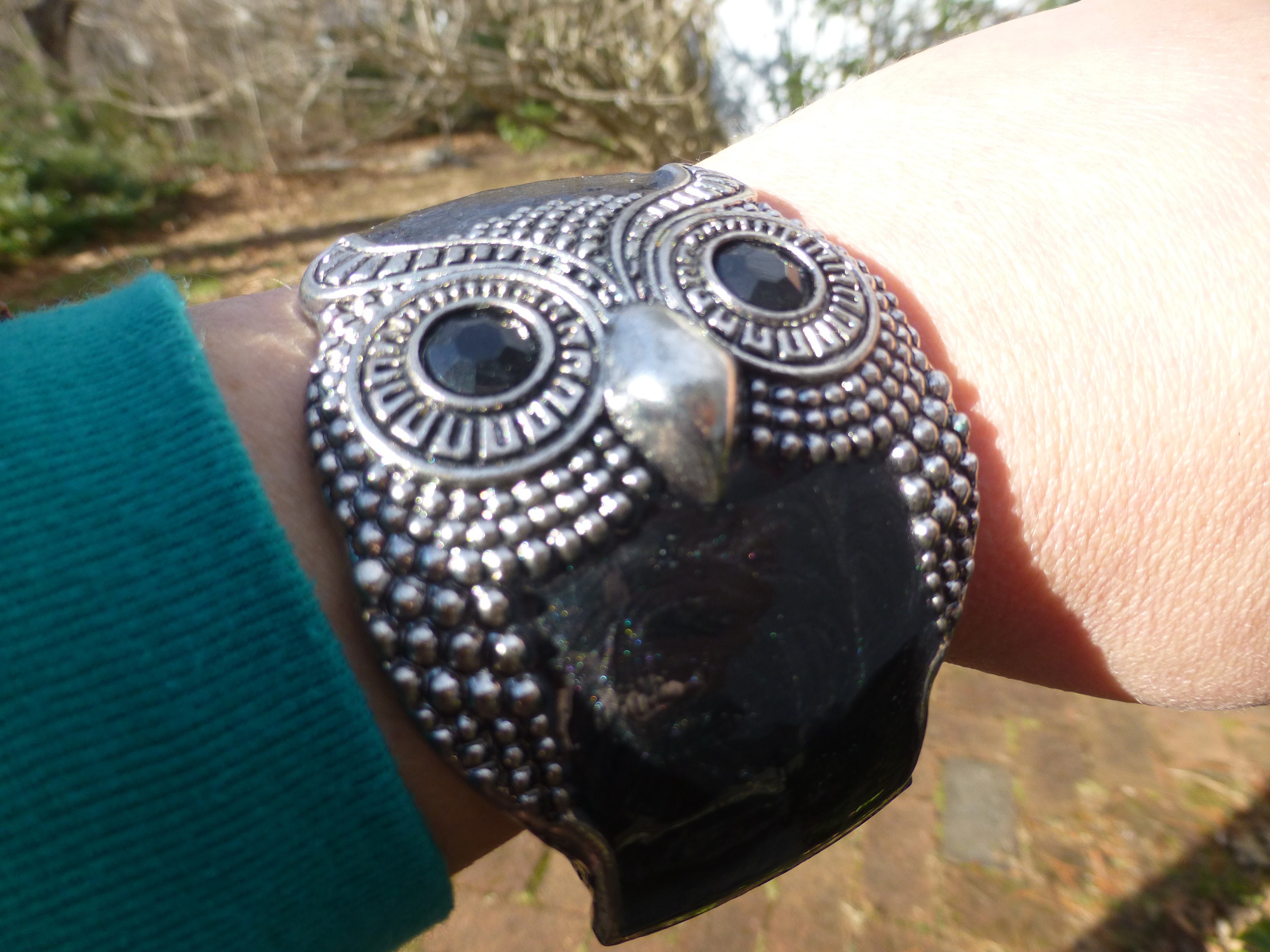 Amazing Vintage Owl Wide Bangle Black Enamel Bracelet, Thick and Bold, Wonderful Unique Owl Bracelet