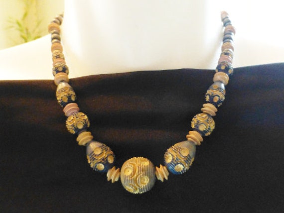 Antique Victorian Carved Wooden Necklace, 18'' Lo… - image 1