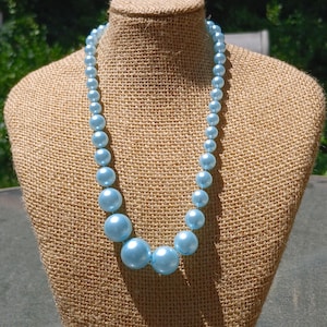 Vintage 1970s Blue Lucite Bead Necklace, 18&#39;&#39; Long, Very Good Condition, Rare, Wow, Baby Blue Beads!