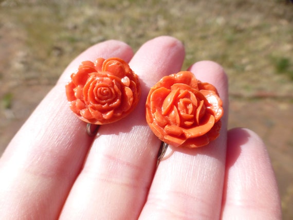 Antique Art Deco Hand Carved Celluloid Earrings, … - image 1