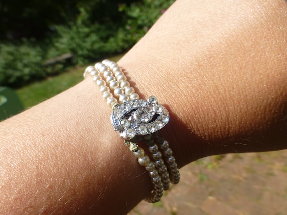 Antique Edwardian Three Strand Pearl Bracelet With Rhinestone Clasp Silver Plated Gift Idea Fashion Staple Unique!