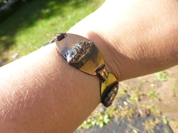 Vintage 1950s Mayan Faces Copper Link Bracelet, C… - image 1