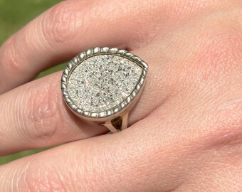 Vintage Druzy Modernist Solid Sterling Silver Gold Wash Band Ring, Size 7, Amazing Design, Artisan Look, Rare, Must See
