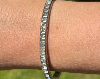 Antique Art Deco Rhinestone Bold Stacking Silver Plated Bangle Bracelet, Circa 1940s, So Cool, Nice Size, Must See! 7.5"