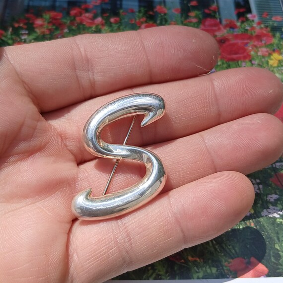 Art Deco "S" Solid Sterling Silver Initial Brooch… - image 6