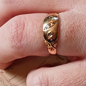 Antique British 15ct Diamond Victorian Solid Rose Gold Antique Victorian Band Ring, Diamond Ring, Love Token Ring, Size 7.25