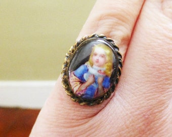 Rare Antique Victorian 14k Solid Gold Painted Blonde Child Ring, 1880s, Size 5.5, Unique Design, Must See