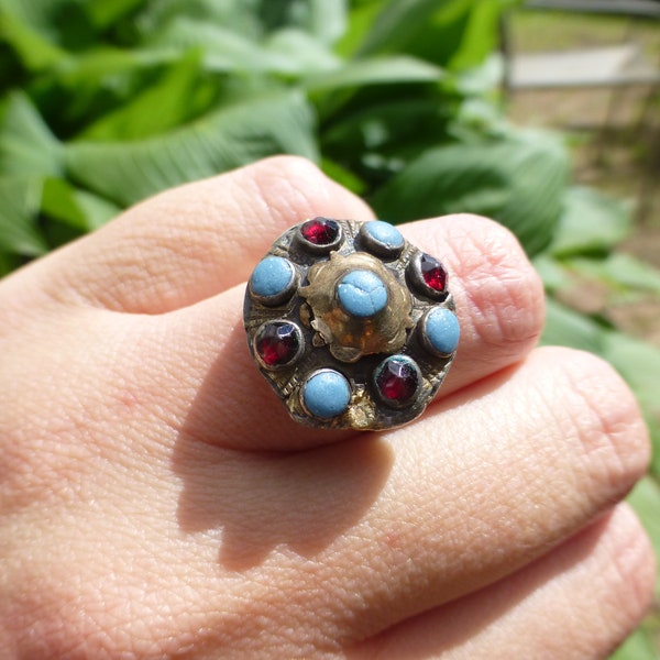 Very Rare Antique 15k Early Tudor Turquoise Garnet Ring, Circa 17th Century, Wow, Size 7, Ultra Rare, See