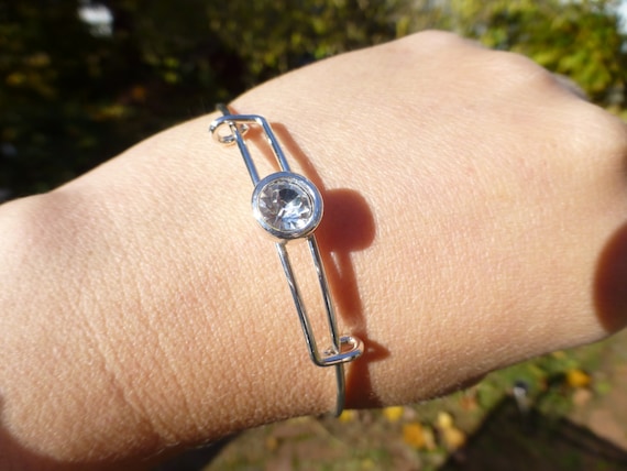 Vintage Silver Plated White Stone Bangle Bracelet… - image 1